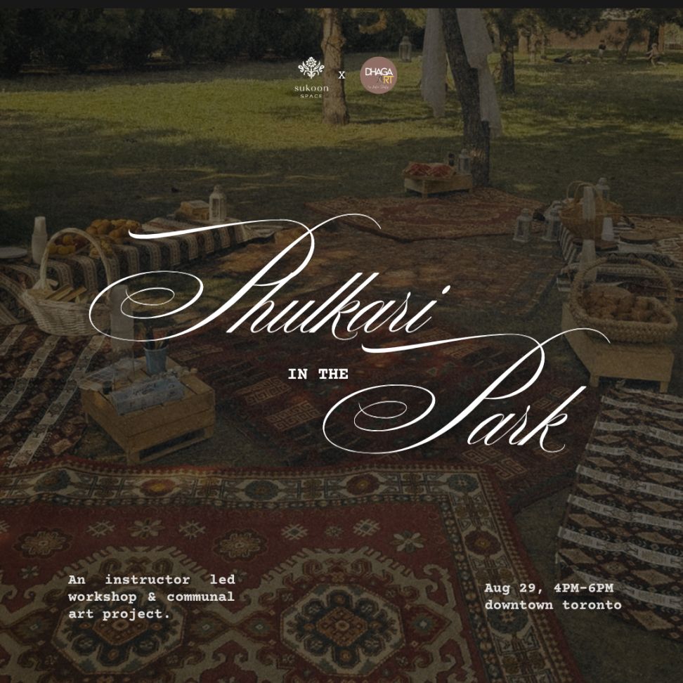 Phulkari in the Park poster: rugs and picnic baskets laid out on the grass in a park, Aug 29, 4–6 PM, downtown Toronto