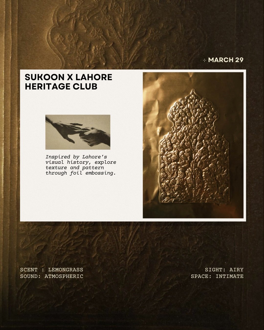 Celebrate the visual language of Lahore&rsquo;s historic architecture in this joyful foil embossing workshop, facilitated by @lahoreheritageclub , whose work has been shaped by years of research, storytelling, and cultural guidance rooted in the city
