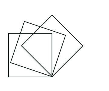 Line art of three overlapping squares rotated at different angles.